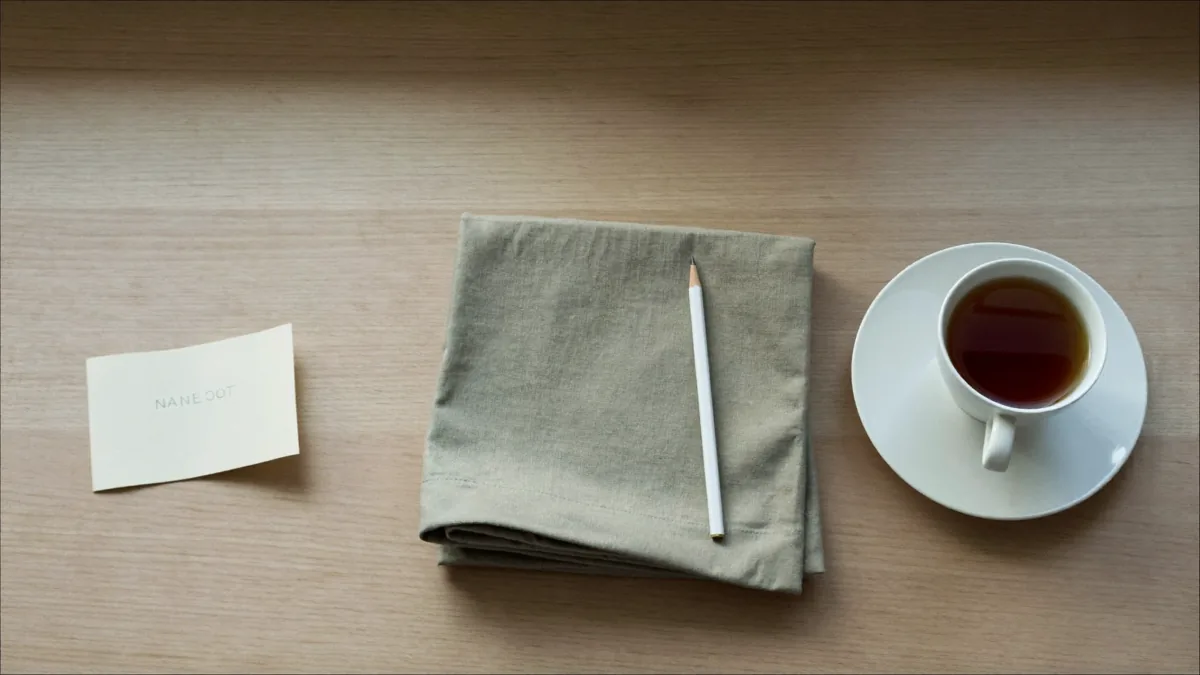 A small note card, pencil and tea on a quiet desk