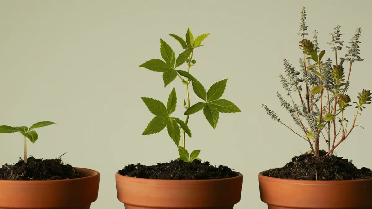 Three potted plants at different stages of growth