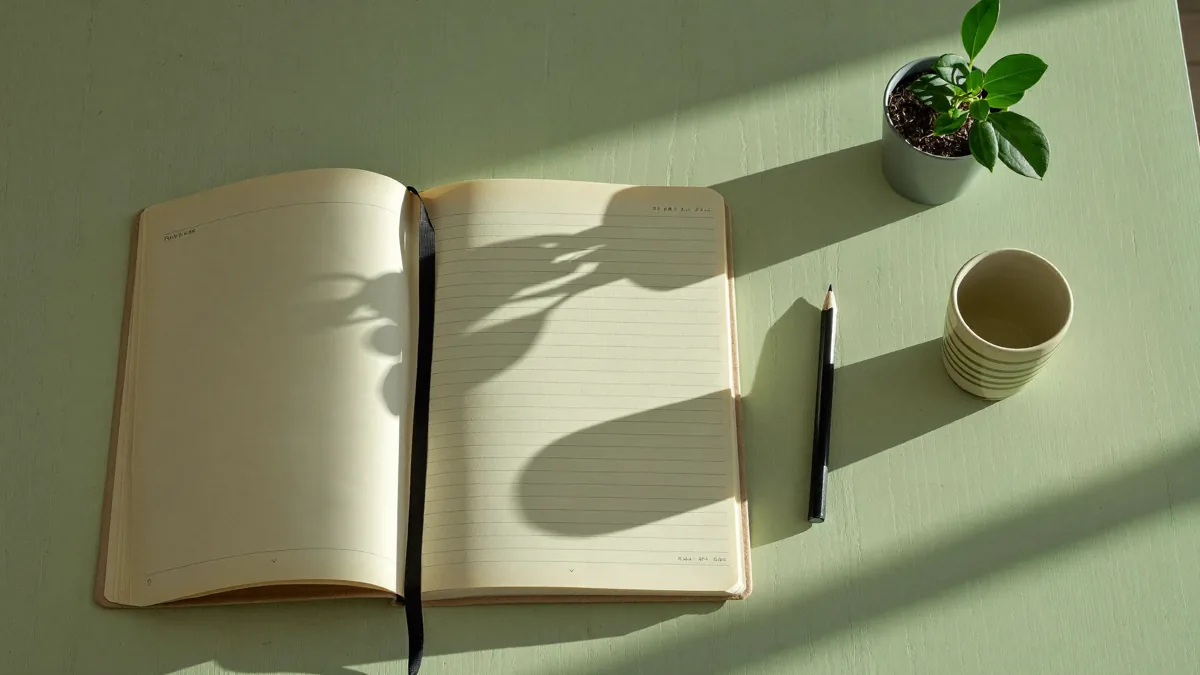 An open journal, pencil, cup and plant on a sunlit desk