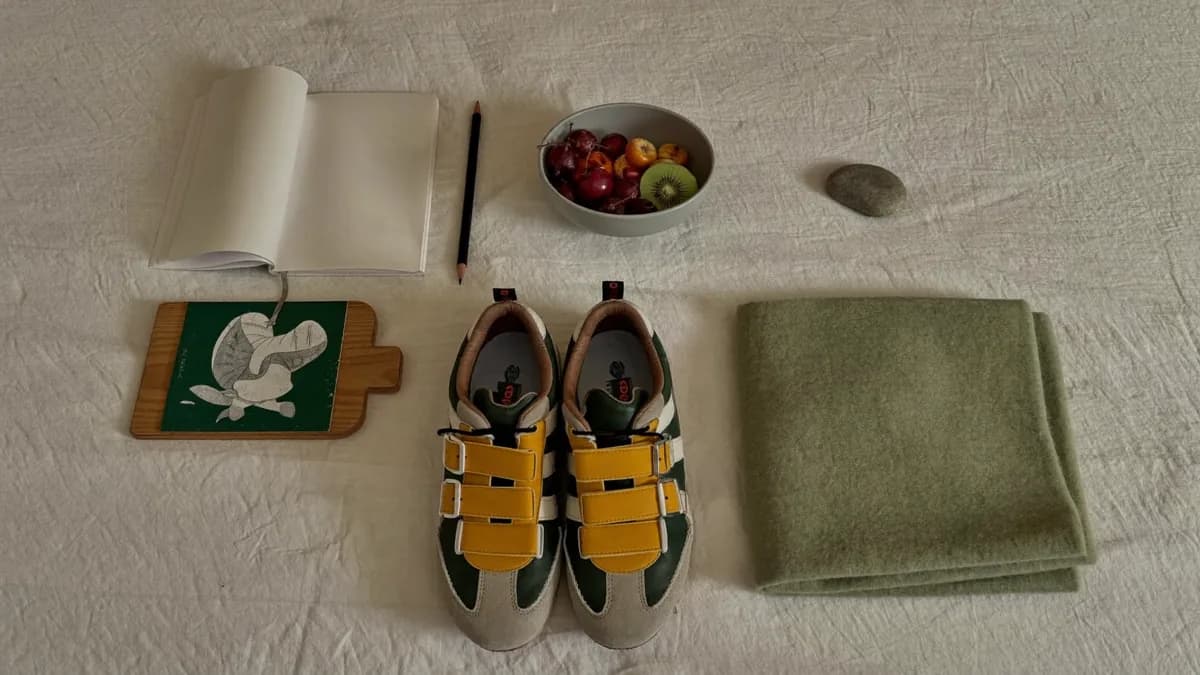 A notebook, fruit, walking shoes, blanket and stone arranged on linen